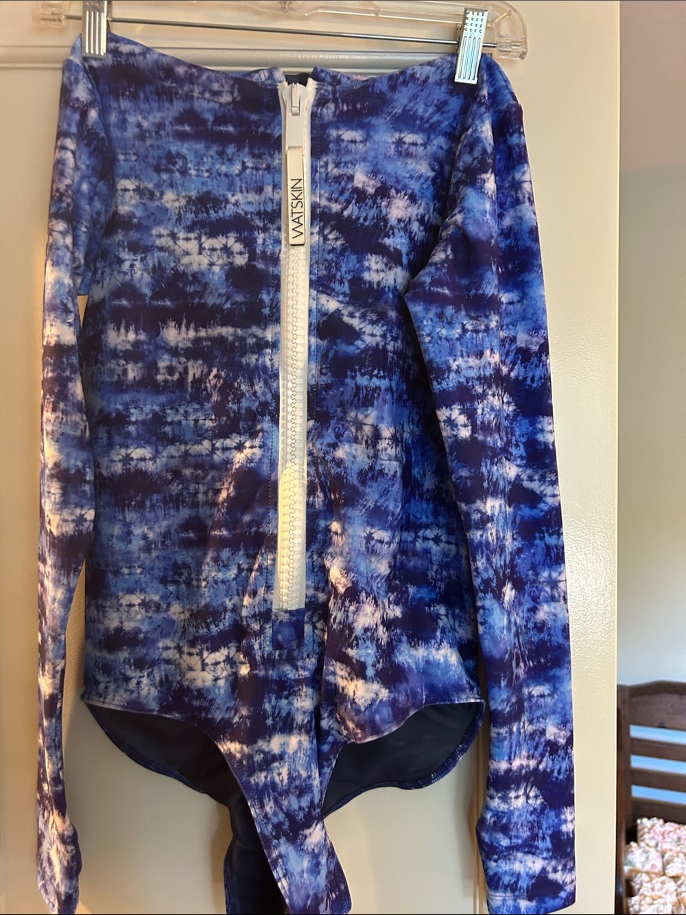 Watskin Blue Tie-Dye Front Zip Long-Sleeve One-Piece Swimsuit